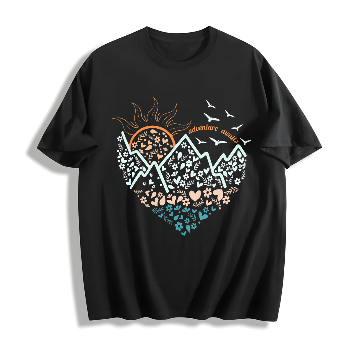 Heart-shaped Sea Sunlight Retro Sports Luokeren Special Cotton T-Shirt in Black