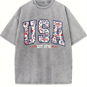 Floral USA American Girl USA Est 1776 vintage washed oversized T-shirt in Gray