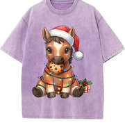 New Year Winter Year of the Horse Cartoon Pony Vintage Washed T-Shirt in Purple