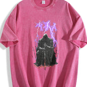 Medieval Knight Dark Fantasy Lightning Warrior Gothic Vintage Washed T-Shirt in Red
