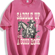 Cowgirl Saddle Up a Good Book Western Vintage Washed T-Shirt in Red