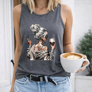 Elegant Woman with Wine and Coffee Crew-neck Sleeveless Women's Color Cotton Tank Top in Gray