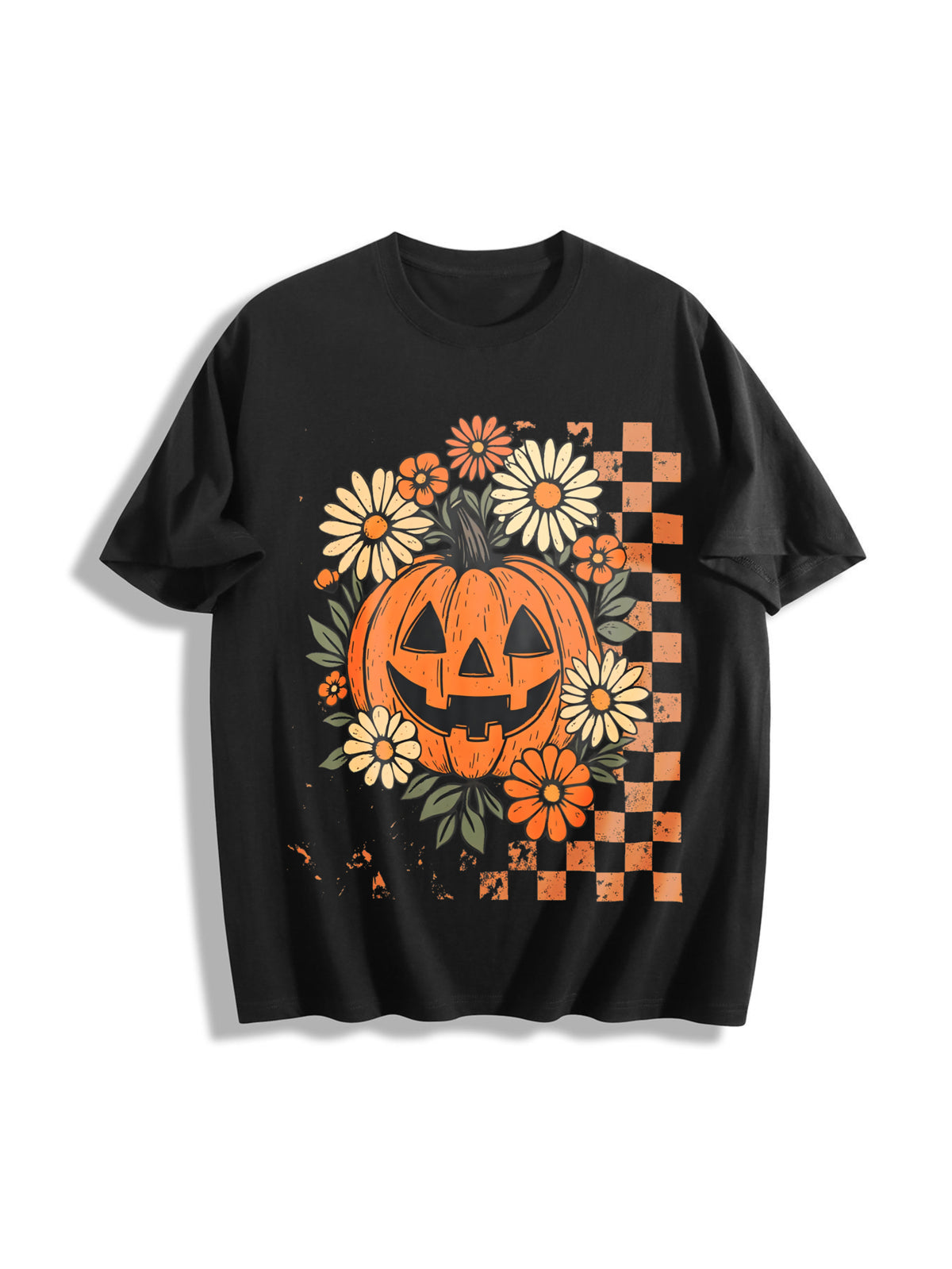 Retro Floral Pumpkin Cotton T-Shirt in Black