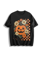 Retro Floral Pumpkin Cotton T-Shirt in Black