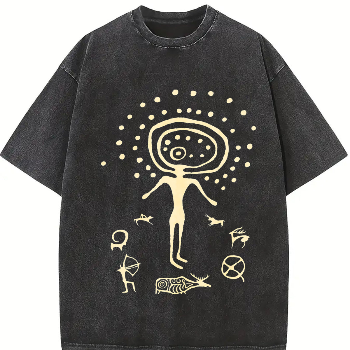 Shamanic Petroglyph Vintage Washed T-Shirt in Black