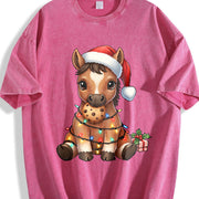 New Year Winter Year of the Horse Cartoon Pony Vintage Washed T-Shirt in Red