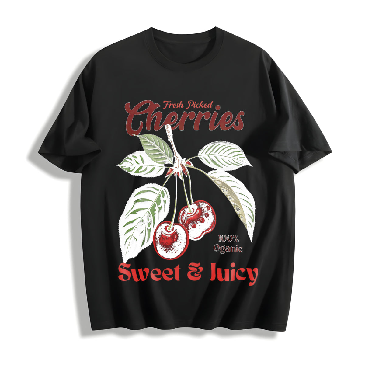 Retro Cherries Commercial Cotton T-Shirt in Black