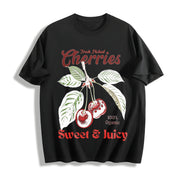 Retro Cherries Commercial Cotton T-Shirt in Black