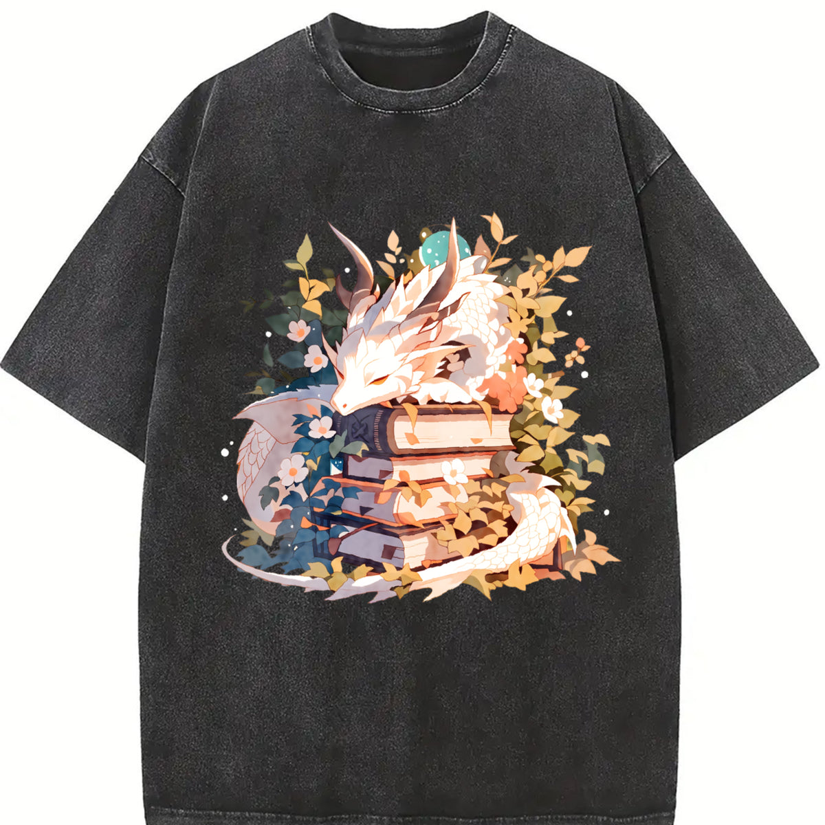 Animal Series: White Dragon Lying on Books with Floral. Vintage Washed T-Shirt in Black