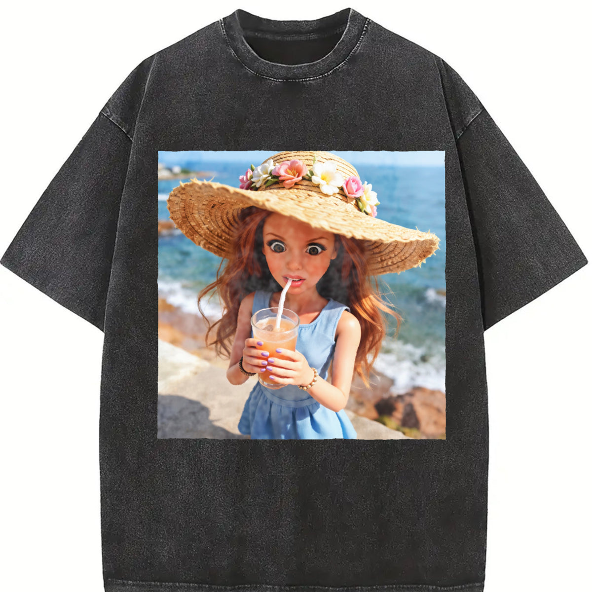 Beach Drink Glam Doll Vintage Washed T-Shirt in Black