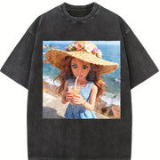 Beach Drink Glam Doll Vintage Washed T-Shirt in Black