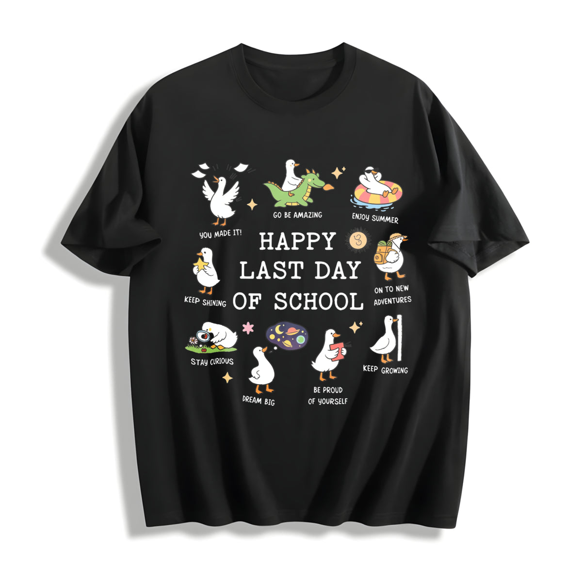 Last Day of School Goose Teacher Happy Last Day of School Cotton T-Shirt in Black