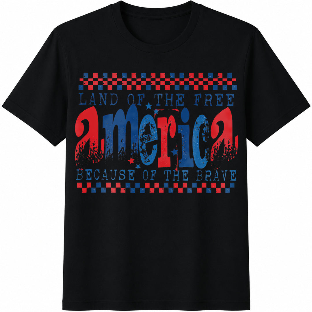 Land of the Free Because of the Brave Retro Checkered Cotton T-Shirt in Black