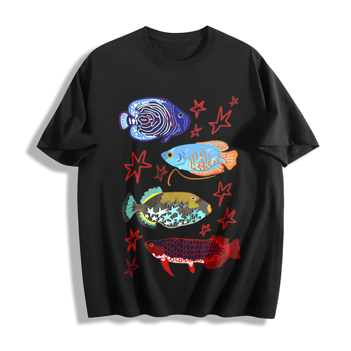 Fish Leaping Over the Dragon Gate Cotton T-Shirt in Black