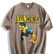 Retro Invincible Mark Grayson Superhero Vintage Washed T-Shirt in Brown