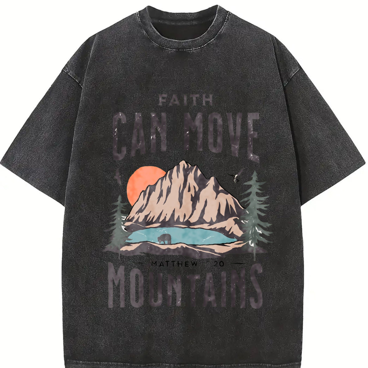 Scenery and Letter One-piece Vintage Washed T-Shirt in Black