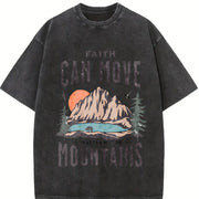 Scenery and Letter One-piece Vintage Washed T-Shirt in Black