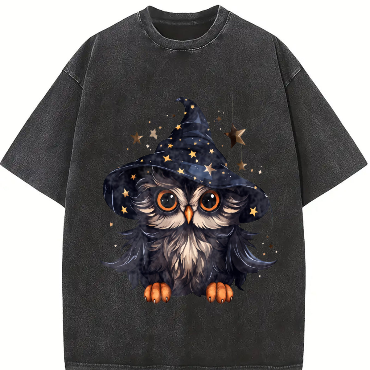 Autumn a Cartoon- Owl from the Early Days Vintage Washed T-Shirt in Black