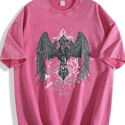 Gothic Angel & Cross Back Dark Grey/Black Retro for vintage washed oversized T-shirt in Red
