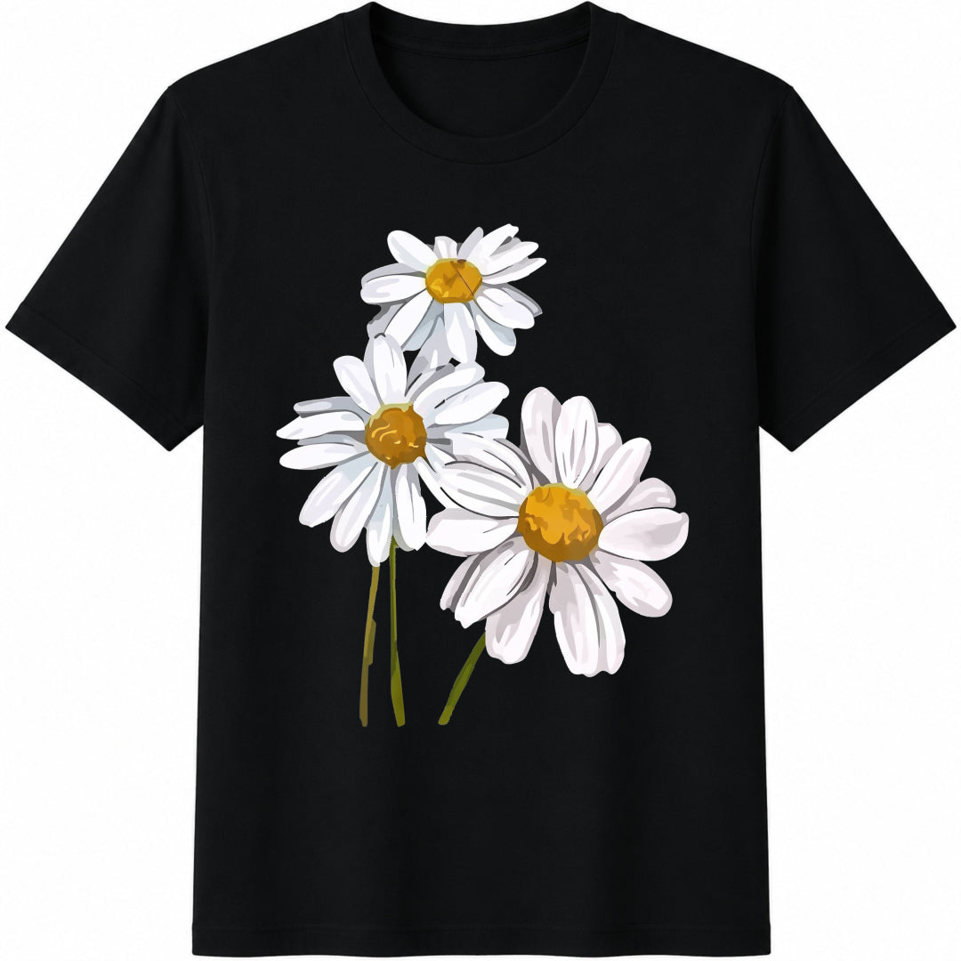 Three White Daisies Cotton T-Shirt in Black