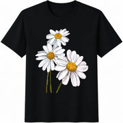 Three White Daisies Cotton T-Shirt in Black
