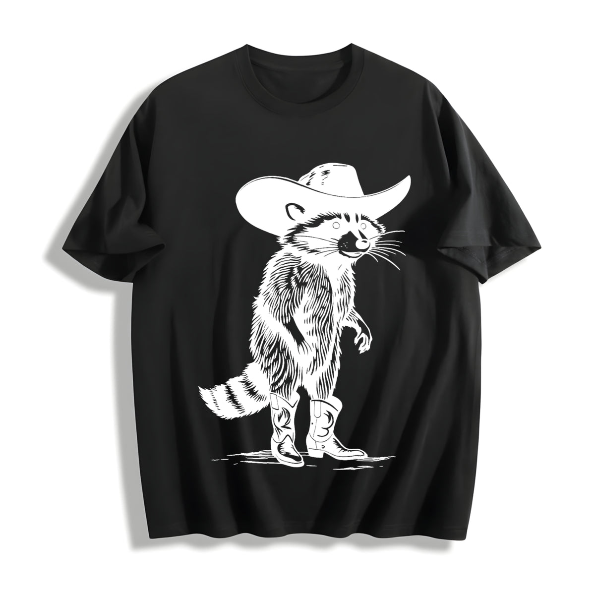 Raccoon Cowboy Western Cowgirl Cotton T-Shirt in Black