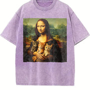 Mona Lisa Cat Renaissance Art Parody Vintage Washed T-Shirt in Purple
