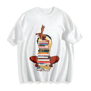 Premium Black Woman and Books Stack Afro Girl Book Lover Cotton T-Shirt in White