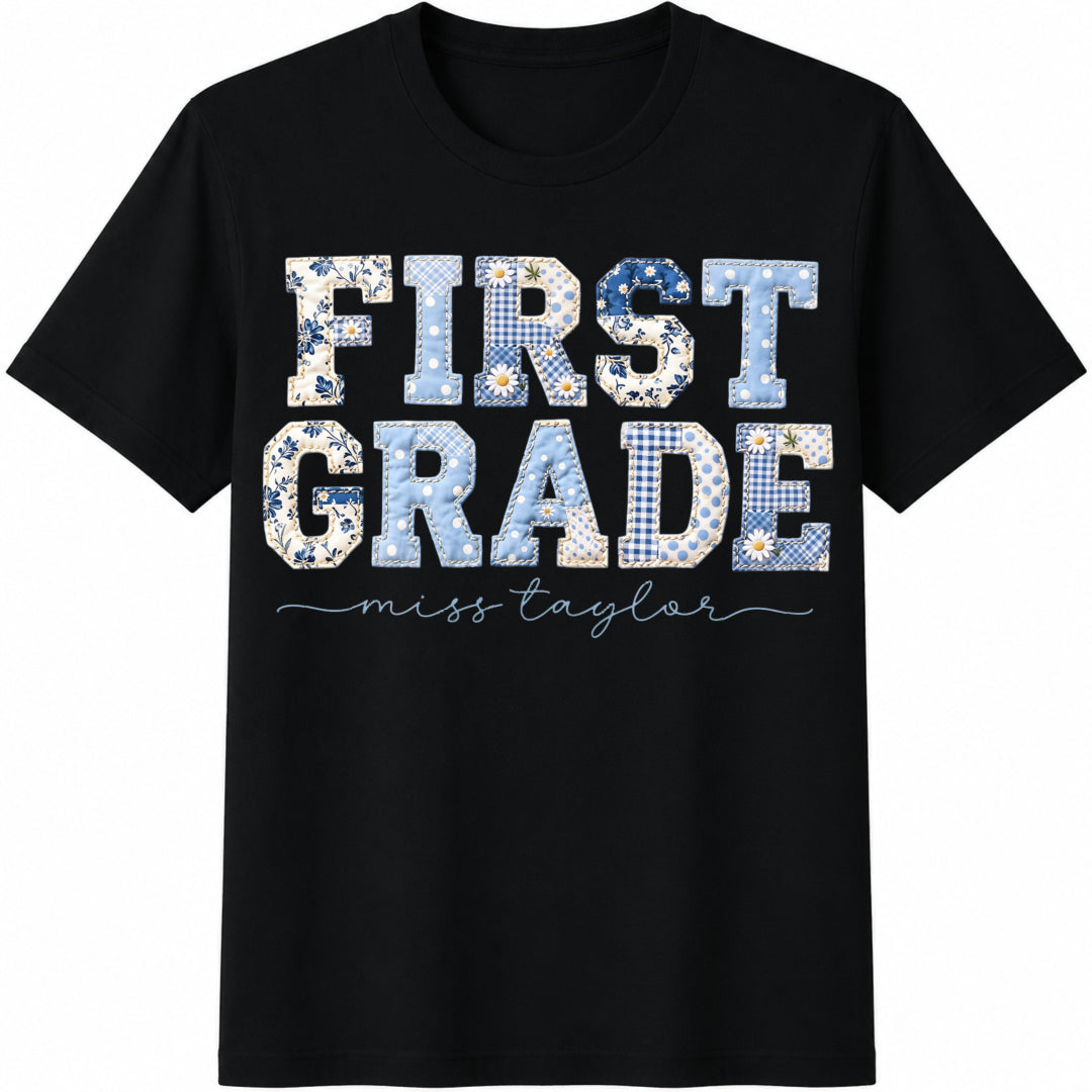 First Grade Teacher 1st Grade Matching Group Floral Blue Cotton T-Shirt in Black