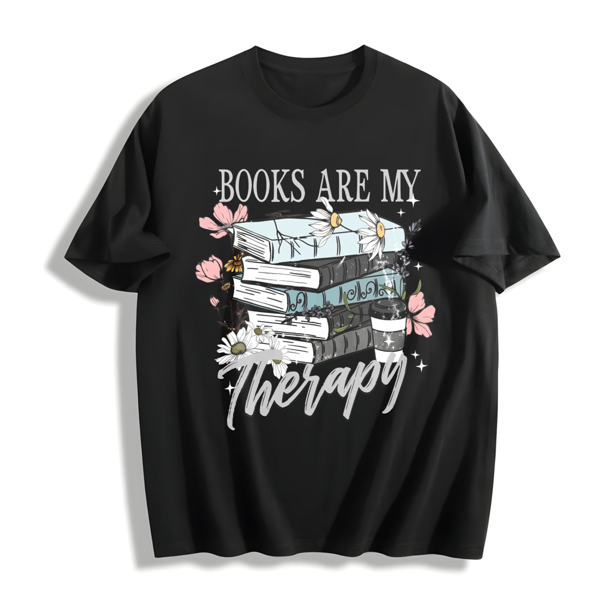 Books Are My Therapy Cotton T-Shirt in Black