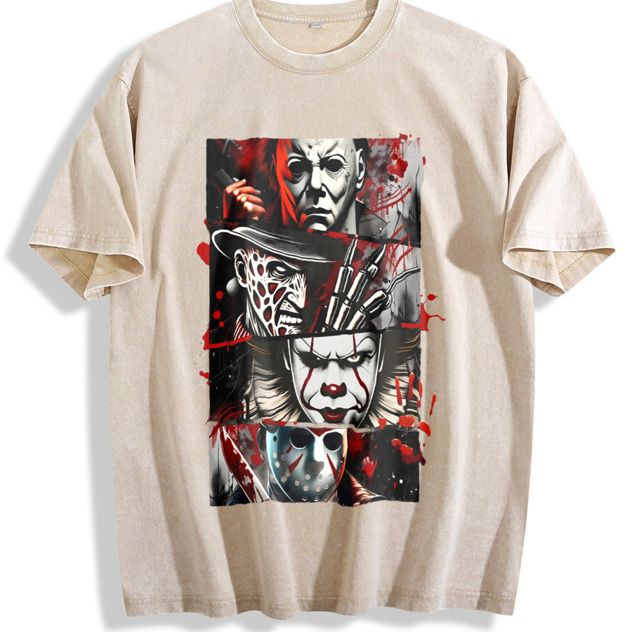Horror Icon - Black Street Trend Fit Breathable For vintage washed oversized T-shirt in Beige