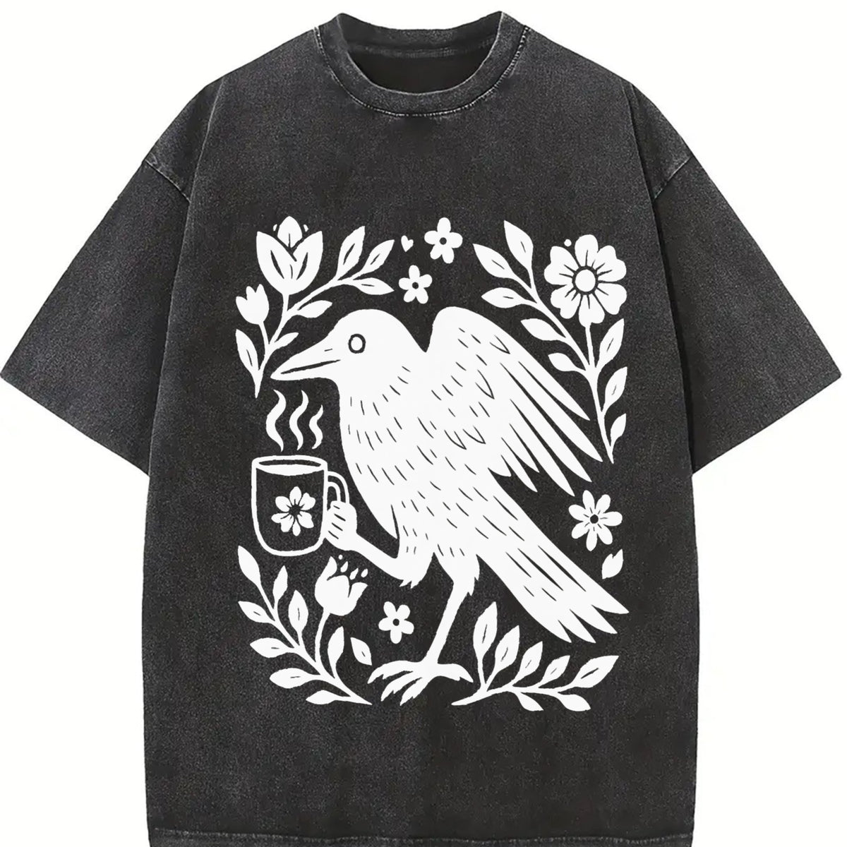 Boho Crow Bird Coffee Lover Vintage Washed T-Shirt in Black