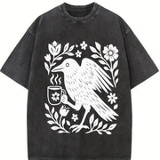 Boho Crow Bird Coffee Lover Vintage Washed T-Shirt in Black