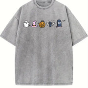Halloween Icons Embroidered Vintage Washed T-Shirt in Gray