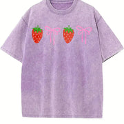 Strawberry Bow Embroidered Vintage Washed T-Shirt in Purple