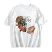 Capybara Moon Retro Meme Moon Cotton T-Shirt in White