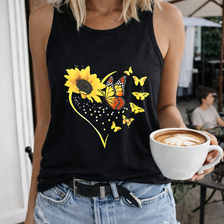 Sunflower Butterfly Heart Women's Color Cotton Tank Top in Black