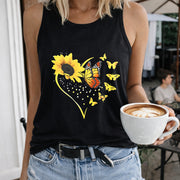 Sunflower Butterfly Heart Crew-neck Sleeveless Vest Women's Color Cotton Tank Top in Black