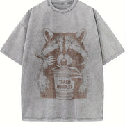Retro Raccoon Eating Noodle 90s Vintage Washed T-Shirt in Gray