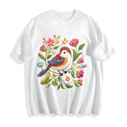 Embroidered- Bird & Floral Cotton T-Shirt in White