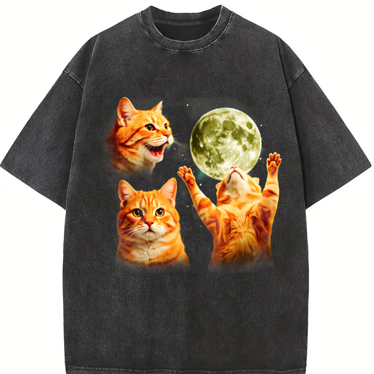 Orange Tabby Moon Retro Cute Cat Vintage Washed T-Shirt in Black