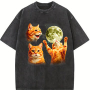 Orange Tabby Moon Retro Cute Cat Vintage Washed T-Shirt in Black