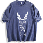 Anime My Hero Academia All Might High-end Luxury Retro vintage washed oversized T-shirt in Blue