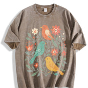 Folk Art Birds and Flowers Vintage Washed T-Shirt in Brown