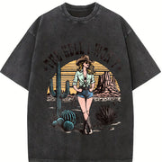 Retro Cowgirl the Hell I Won't Western 90s Vintage Washed T-Shirt in Black