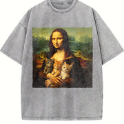 Mona Lisa Cat Renaissance Art Parody Vintage Washed T-Shirt in Gray