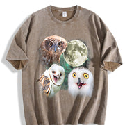Three Owls Retro Silly Owl Moon Vintage Washed T-Shirt in Brown