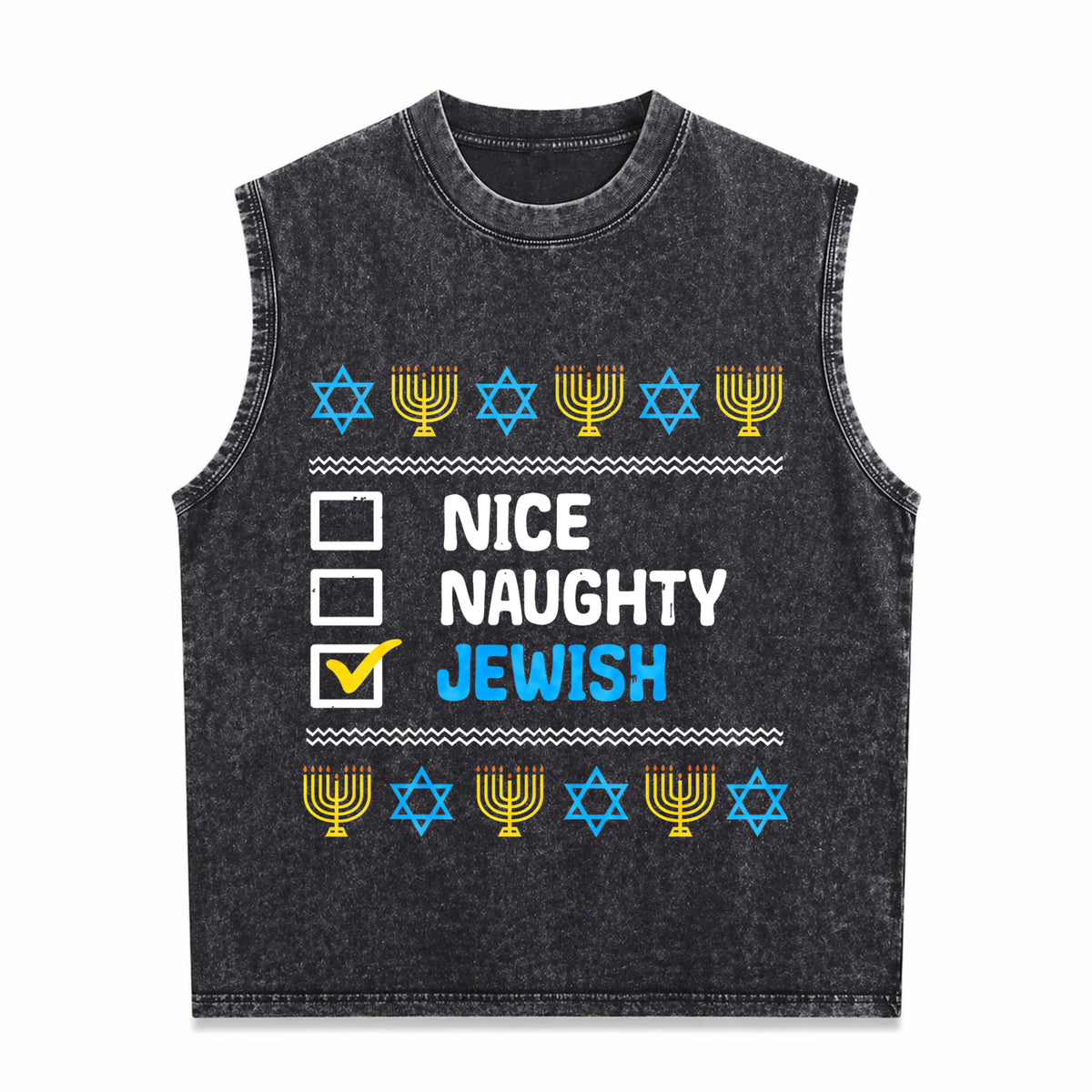 Nice Naughty Jewish Ugly Hanukkah Chanukah Jew Vintage Washed Tank Top in Black