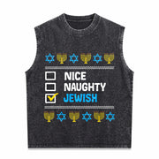 Nice Naughty Jewish Ugly Hanukkah Chanukah Jew Vintage Washed Tank Top in Black