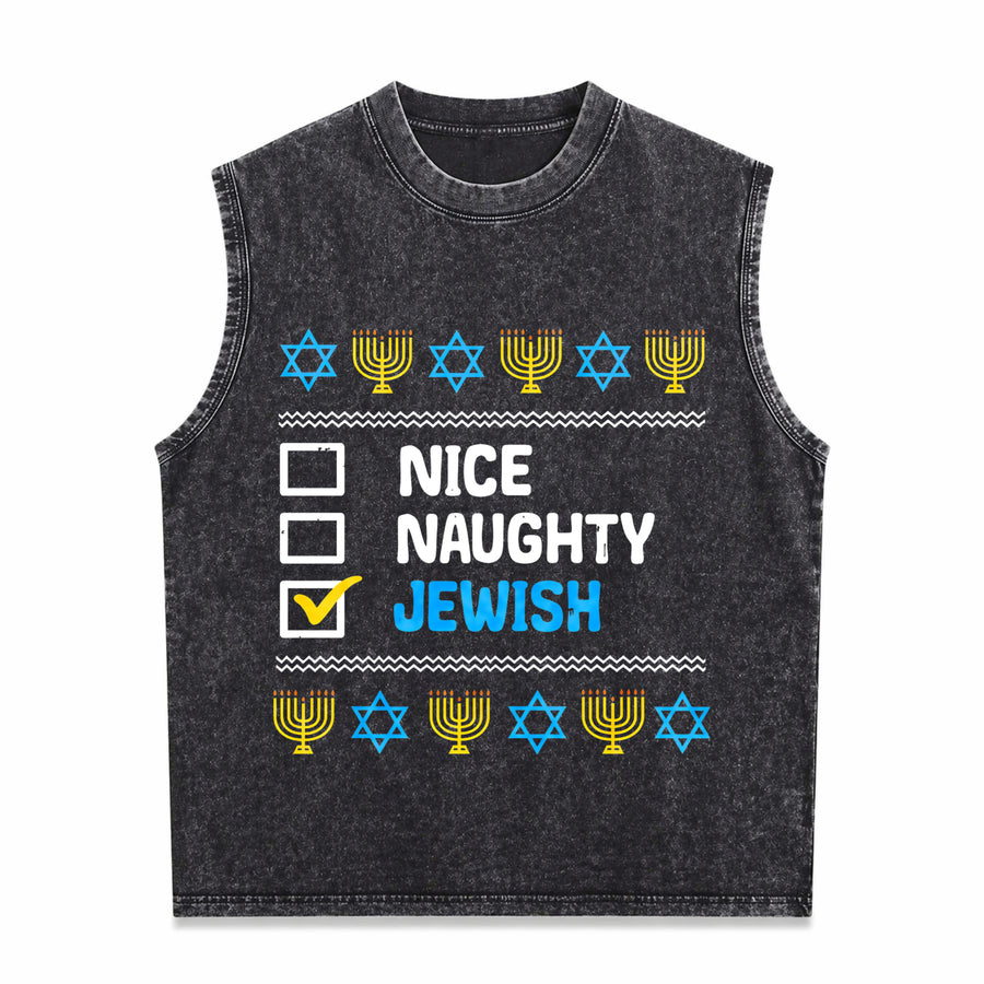 Nice Naughty Jewish Ugly Hanukkah Chanukah Jew Vintage Washed Tank Top in Black